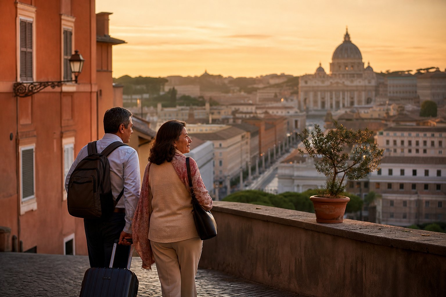 Pareja de viajeros contemplando la basílica de San Pedro durante una extensión en Roma