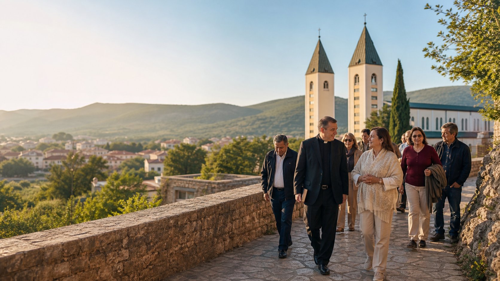 Grupo de viajeros caminando frente a la iglesia de Santiago Apóstol en Medjugorje