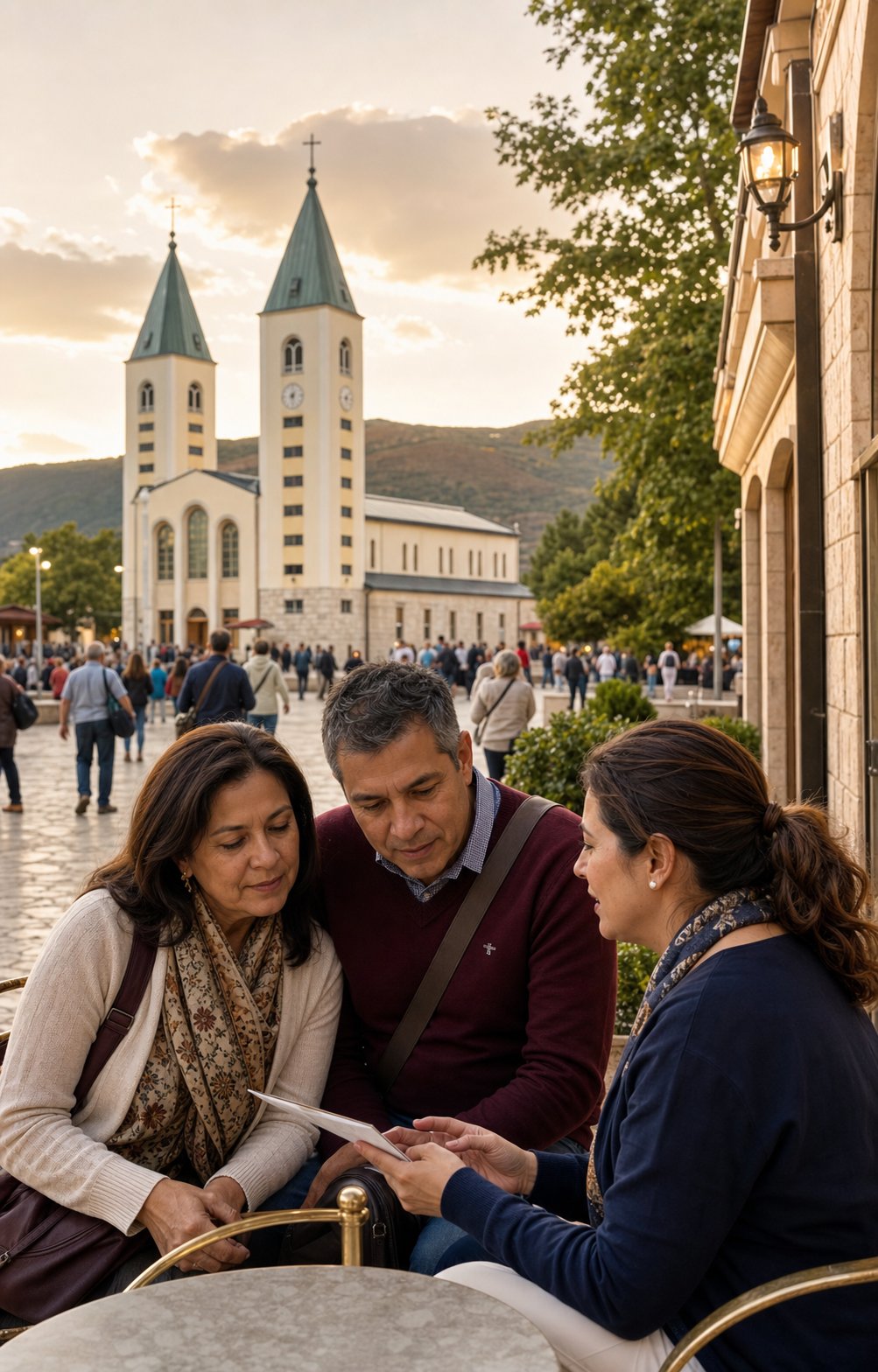 Pareja de viajeros revisando su itinerario con una asesora en Medjugorje